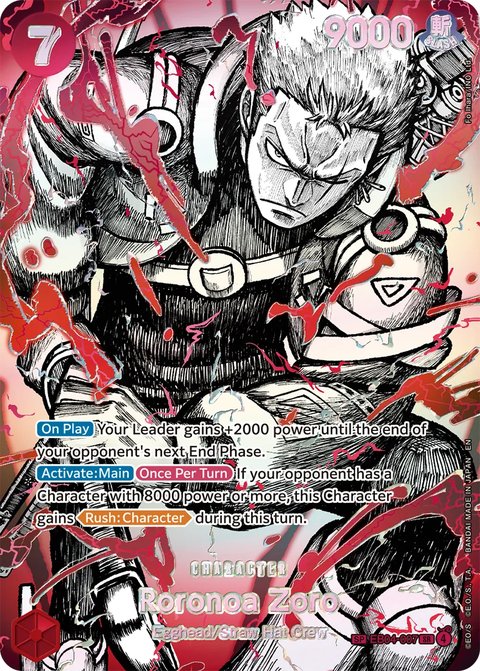 Carte SP anniversaire Roronoa Zoro (EB04-007), style manga noir et blanc strié de rouge